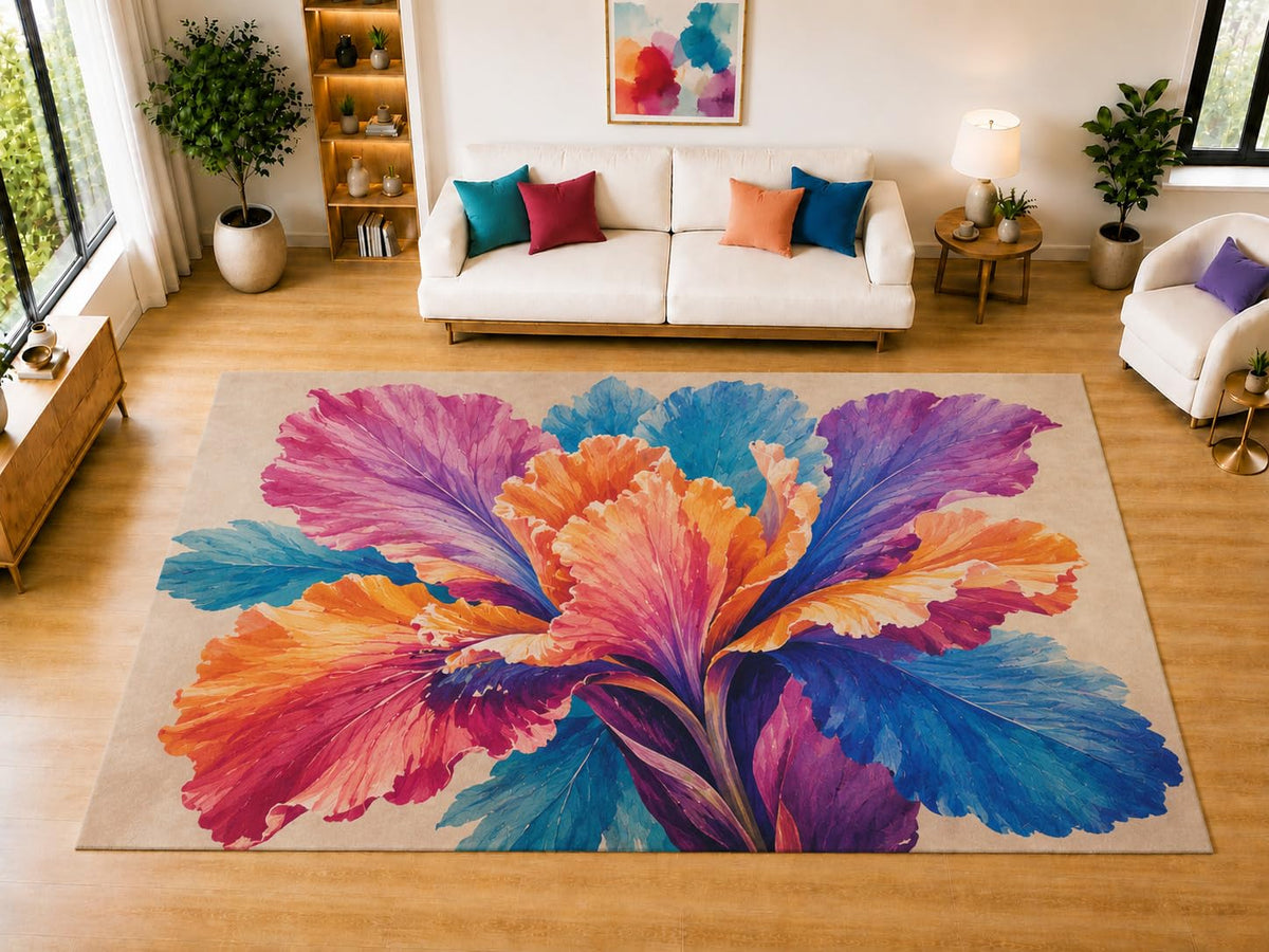 ICE ARMOR "Ultra Light Weight Large 6'7" x 9'10" Iris Flower Area Rug for Living Room Bedroom Dining Room, Soft Low Pile Non-Slip Backing, Orange Pink Blue Purple Botanical Decor