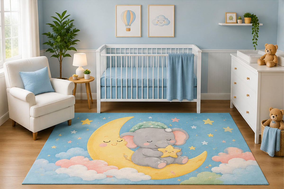 ICE ARMOR 5' x 7' Sleeping Elephant Moon Area Rug for Nursery Room, Cute Pastel Clouds and Stars Night Sky Design, Baby Boy Bedroom Decor, Non-Slip Silicone Backing Low Pile