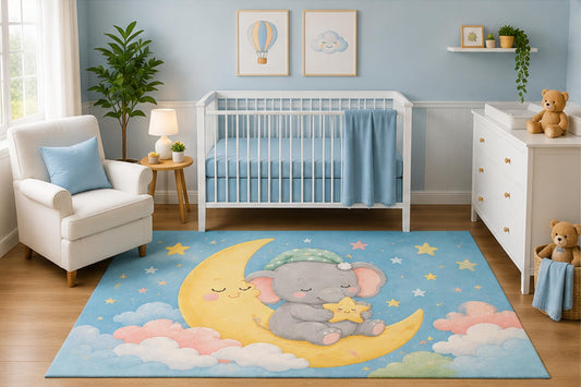 ICE ARMOR 5' x 7' Sleeping Elephant Moon Area Rug for Nursery Room, Cute Pastel Clouds and Stars Night Sky Design, Baby Boy Bedroom Decor, Non-Slip Silicone Backing Low Pile
