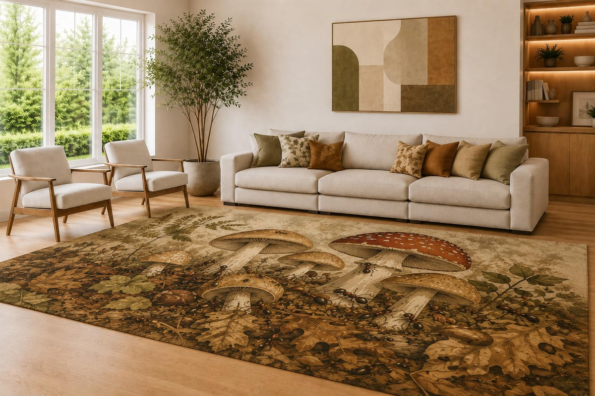 ICE ARMOR Large 6'7" x 9'10" Beige and Brown Mushroom Trail Accent Area Rug for Living Room, Soft Low Pile Carpet with Non-Slip Silicone Backing, Decor for Bedroom and Home Office