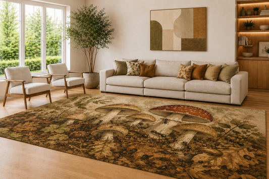 ICE ARMOR Large 6'7" x 9'10" Beige and Brown Mushroom Trail Accent Area Rug for Living Room, Soft Low Pile Carpet with Non-Slip Silicone Backing, Decor for Bedroom and Home Office