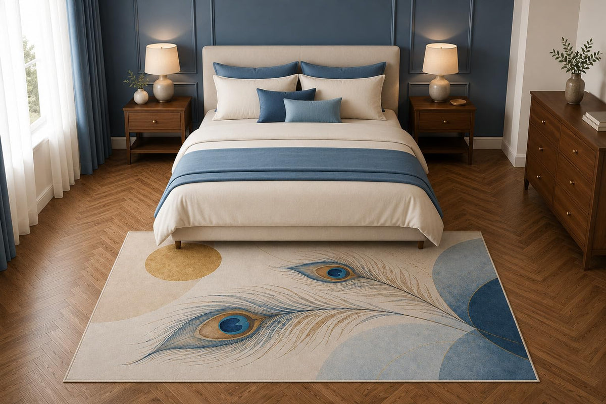 ICE ARMOR 5' x 7' Blue Peacock Feather Area Rug, Elegant Boho Botanical Living Room Bedroom Decor, Non-Slip Silicone Backing Low Pile Carpet