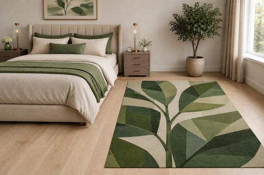 ICE ARMOR "Ultra Light Weight 5' x 7' Geometric Leaves Area Rug for Living Room, Bedroom and Home Office, Soft Low Pile Carpet with Non-Slip Silicone Backing, Green and Beige