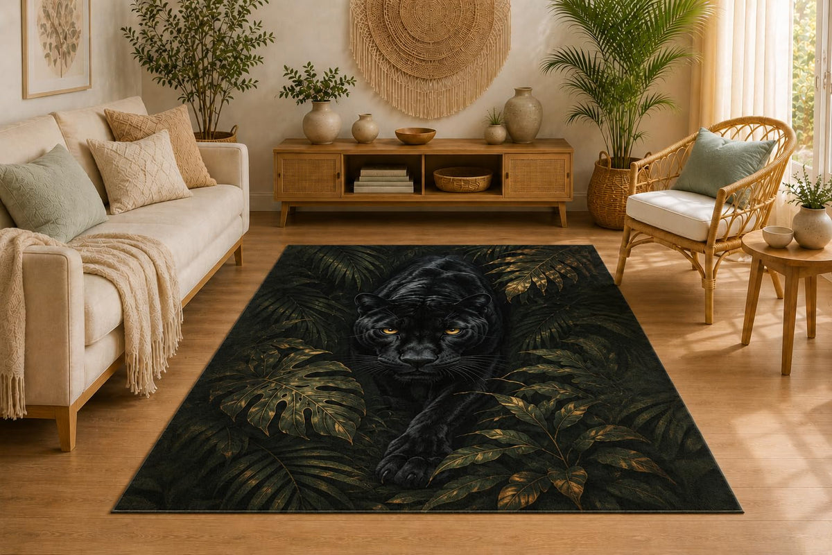 ICE ARMOR 5' x 7' Black Panther Jungle Area Rug, Soft Low Pile Indoor Rug with Non-Slip Silicone Backing, Decorative Carpet for Living Room, Bedroom, Dining Room, Office, Tropical Wildlife Decor