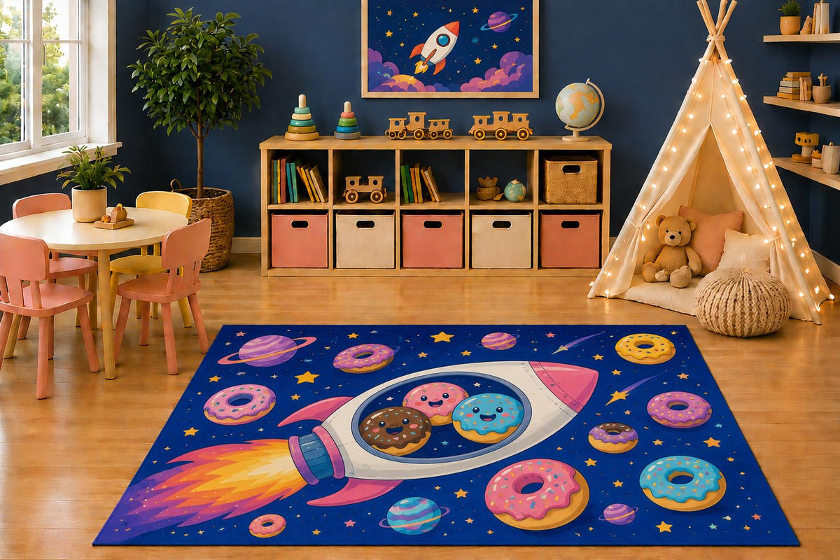 ICE ARMOR 5' x 7' Space Donut Rocket Area Rug, Cute Cartoon Doughnuts Rocket Ship Planets Galaxy Kids Playroom Nursery Bedroom Decor, Non-Slip Silicone Backing Low Pile