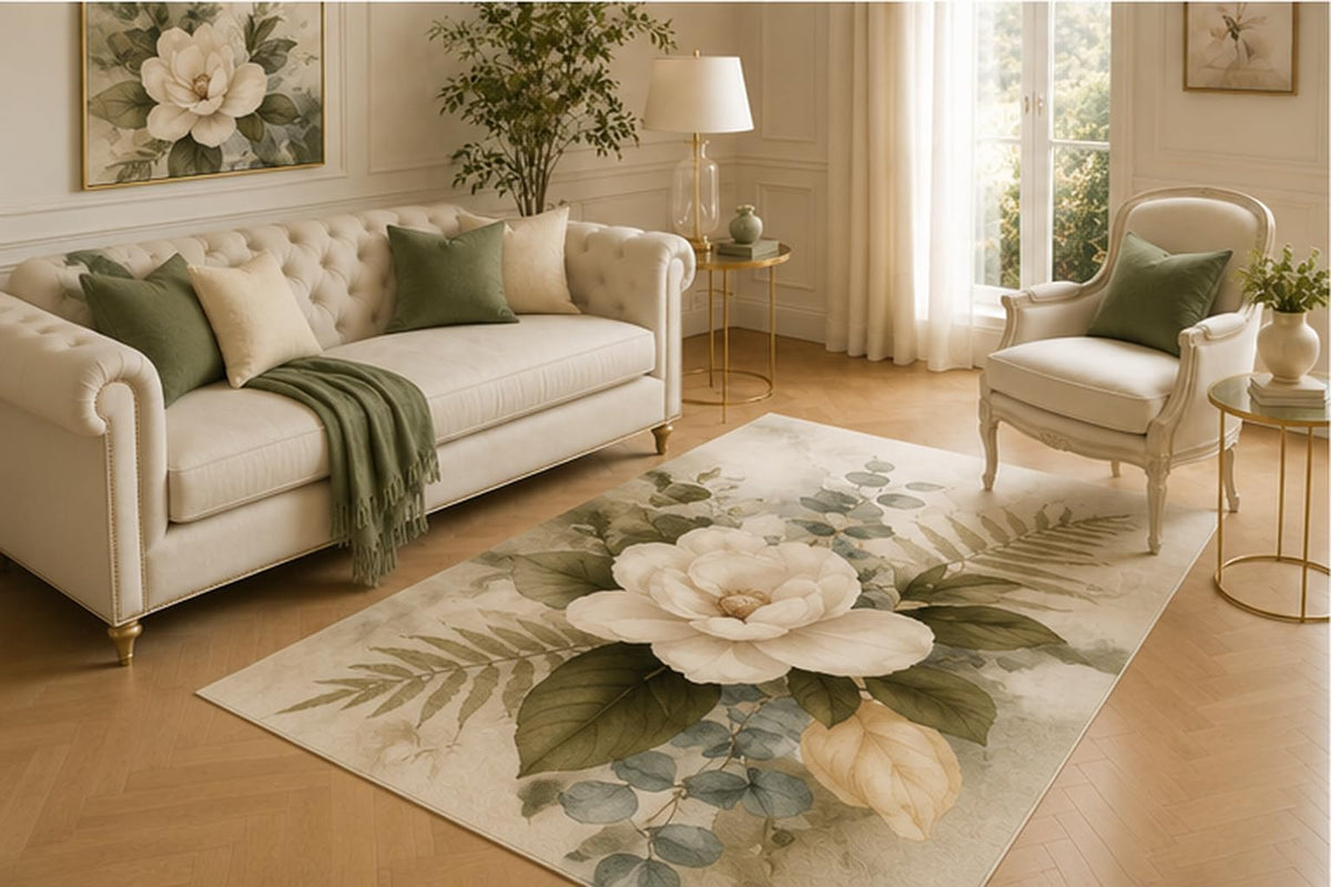 ICE ARMOR 5' x 7' Magnolia Botanical Area Rug for Living Room, Soft Low Pile Indoor Carpet with Non-Slip Backing for Bedroom, Dining Room, Office, Green