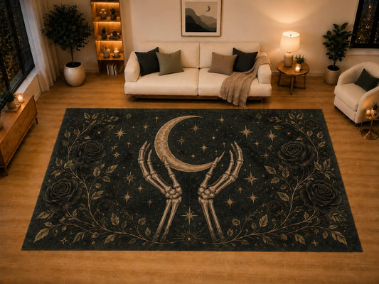 ICE ARMOR "Ultra Light Weight Large 6'7" x 9'10" Skeleton Hands Crescent Moon Area Rug for Living Room Bedroom, Soft Low Pile Non-Slip Backing, Black Rose Gothic Celestial Decor