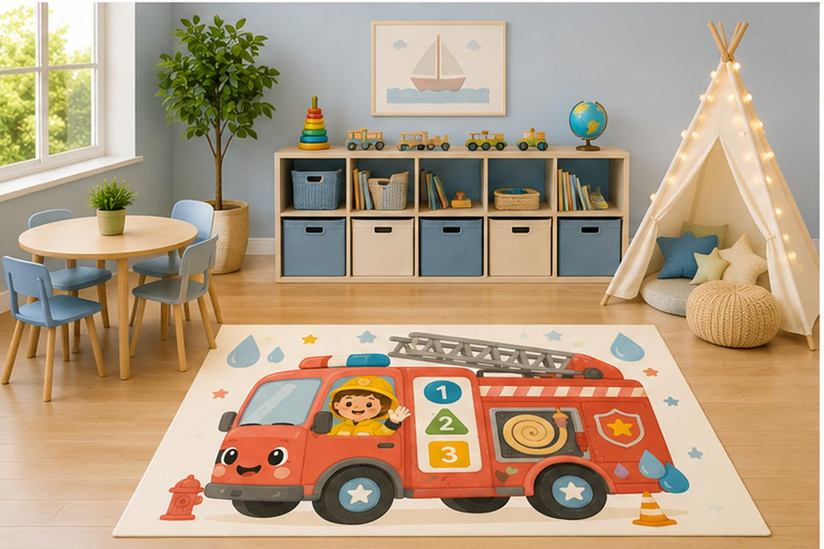 ICE ARMOR 5' x 7' Fire Truck Area Rug, Educational Firefighter Rescue Vehicle with Numbers Learning Play Mat for Kids Bedroom Nursery Classroom Playroom, Non-Slip Silicone Backing Low Pile