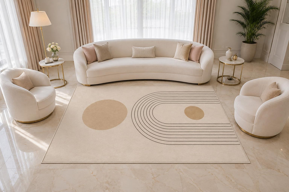 ICE ARMOR 5' x 7' Minimalist Geometric Area Rug, Modern Abstract Arch Line Neutral Beige Design for Living Room Bedroom Office, Non-Slip Silicone Backing Low Pile