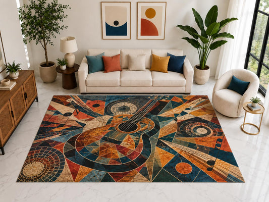 ICE ARMOR "Ultra Light Weight Large 6'7" x 9'10" Geometric Guitar Music Rug, Soft Low Pile Indoor Rug, Non-Slip Silicone Backing for Bedroom Orange