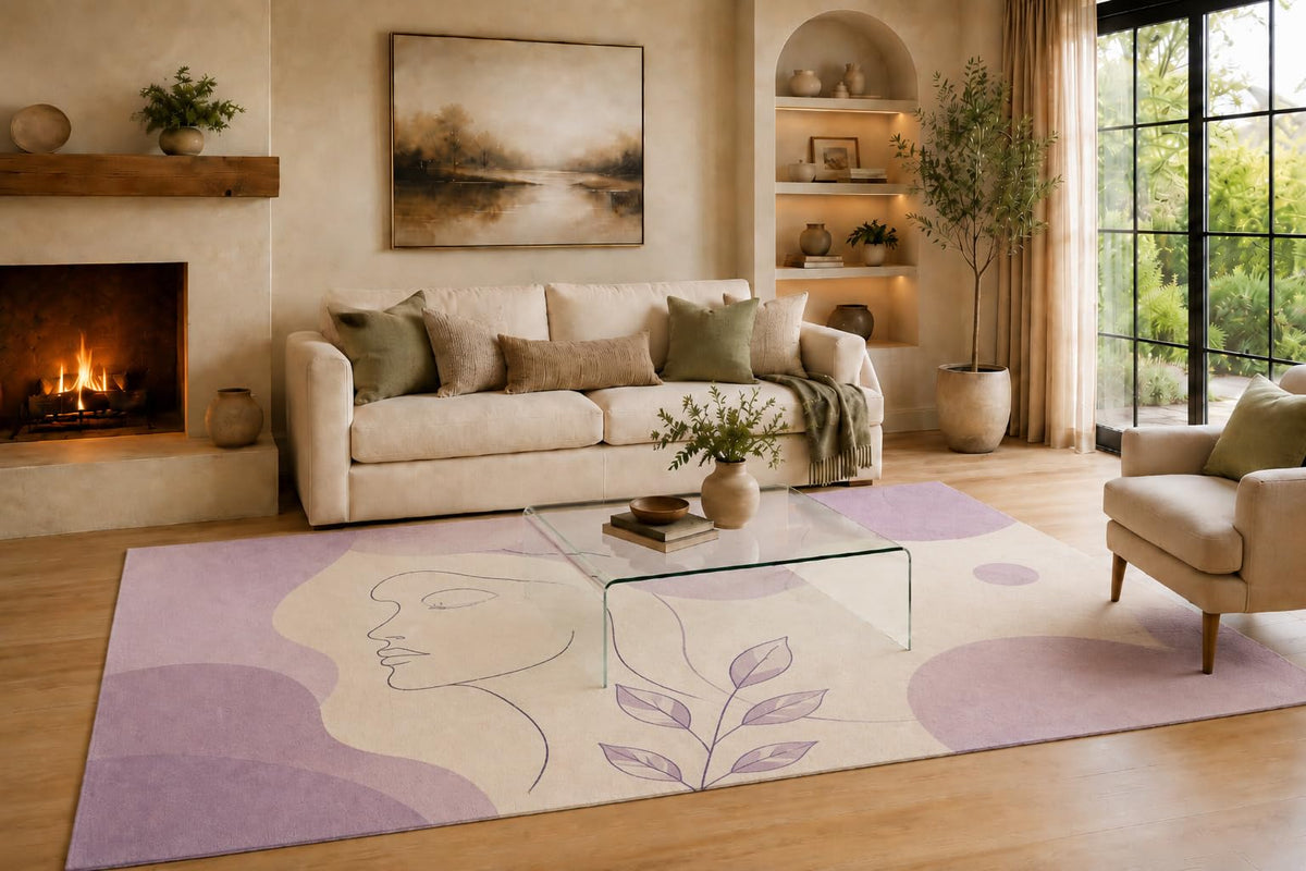 ICE ARMOR Large 6'7" x 9'10" Lavender and Cream Feminine Leaf Art Area Rug for Living Room, Soft Low Pile Carpet with Non-Slip Backing for Bedroom, Dining Room and Office