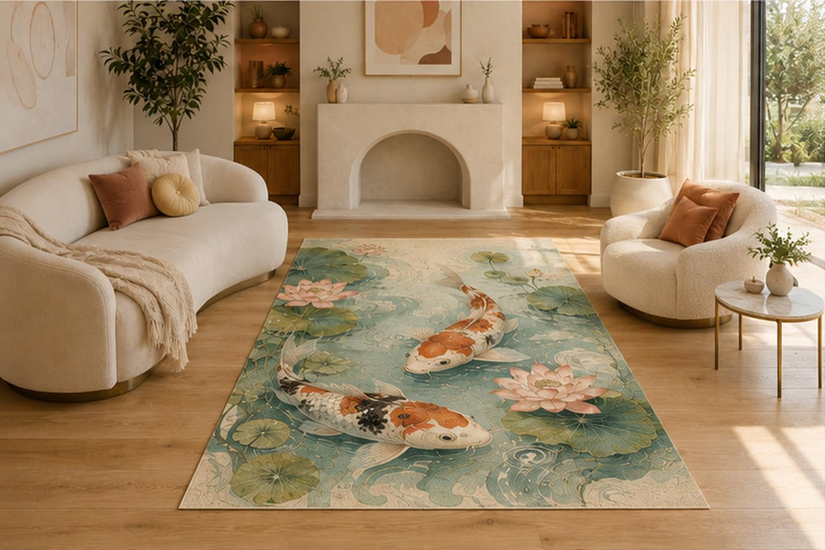 ICE ARMOR 5' x 7' Koi Fish Lotus Area Rug for Living Room, Soft Low Pile Indoor Rug with Non-Slip Silicone Backing, Decorative Carpet for Bedroom, Office, Family Room & Zen Decor, Blue
