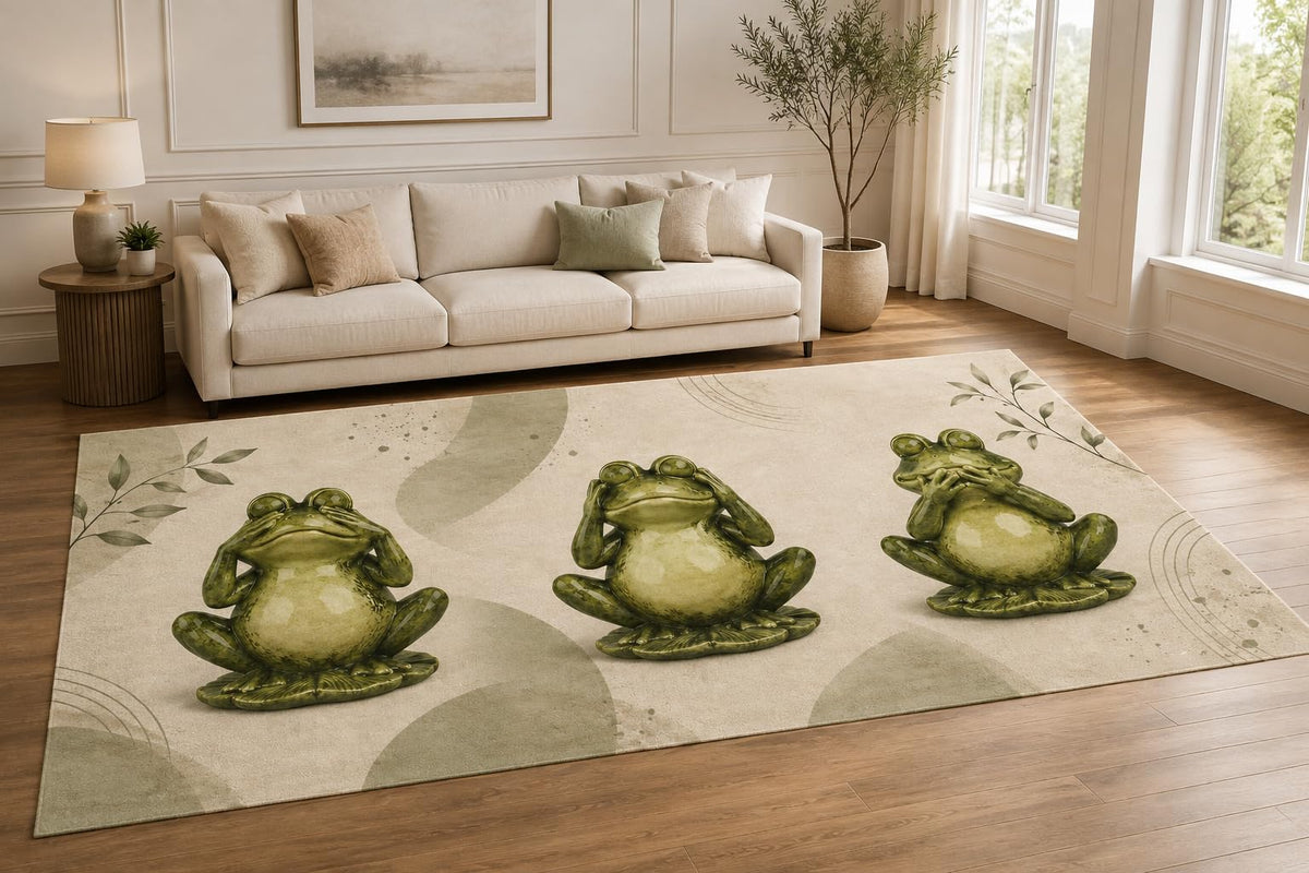 ICE ARMOR "Ultra Lightweight Large 6'7" x 9'10" Lotus Frog Meditation Area Rug for Living Room, Bedroom and Home Office, Soft Low Pile Carpet with Non-Slip Silicone Backing, Green and Cream