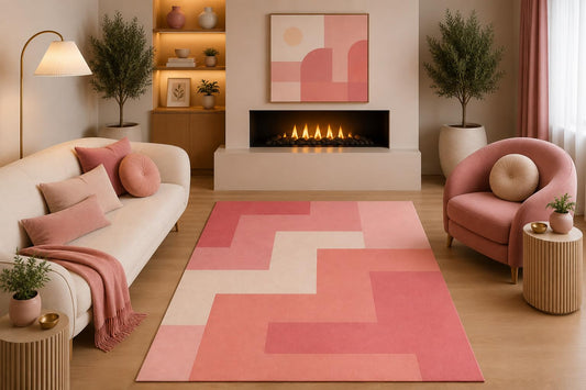 ICE ARMOR 5' x 7' Modern Geometric Area Rug Coral Pink Blush Cream Abstract Stepped Color Block Design for Living Room Bedroom Nursery Non-Slip Silicone Backing Low Pile