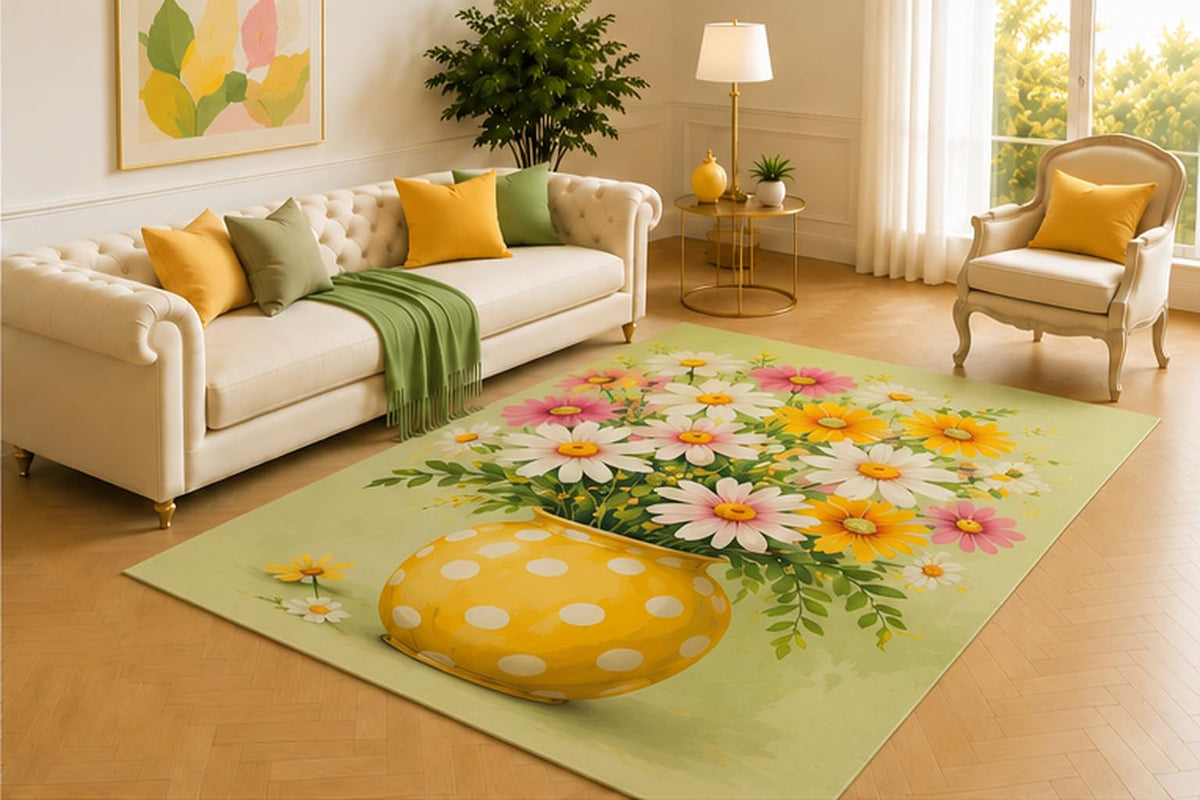 ICE ARMOR 5' x 7' Polka Dot Daisy Vase Rug, White, Pink and Yellow Flowers on Soft Green, Playful Farmhouse Decor for Nursery, Bedroom, Sunroom or Reading Area