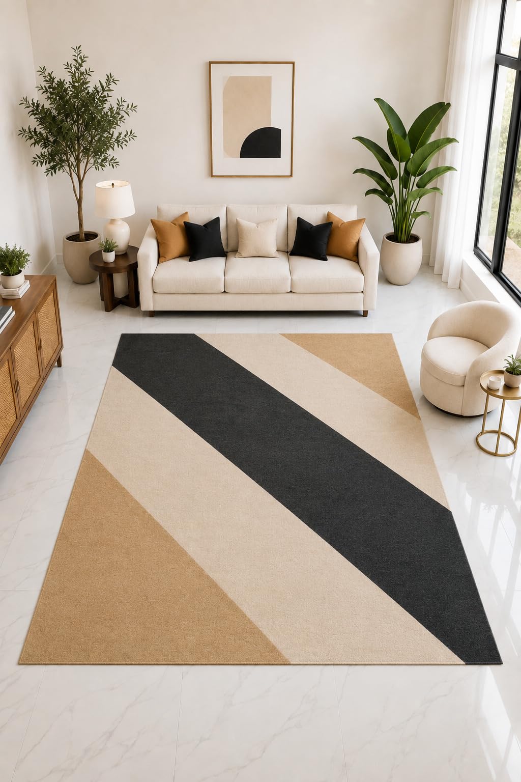 ICE ARMOR "Ultra Light Weight Large 6'7" x 9'10" Diagonal Stripe Geometric Rug, Soft Low Pile Indoor Rug, Non-Slip Silicone Backing Living Room Black