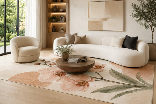 ICE ARMOR 6'7" x 9'10" Cream Blush and Sage Orchid Area Rug with Peach Flowers and Long Watercolor Leaves, Soft Low Pile Non-Slip Indoor Carpet for Living Room and Bedroom