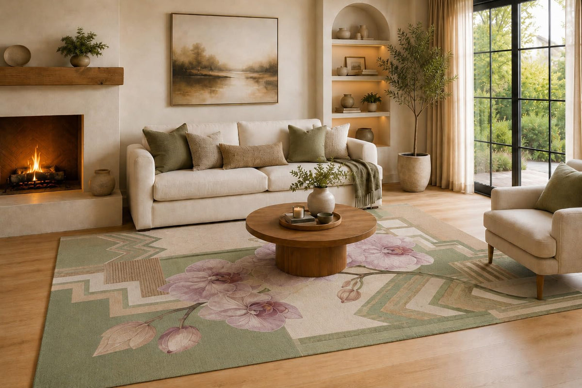 ICE ARMOR Large 6'7" x 9'10" Mauve, Sage Green and Beige Geometry Area Rug for Living Room, Soft Low Pile Carpet with Non-Slip Silicone Backing, Decor for Bedroom, Dining Area and Home Office