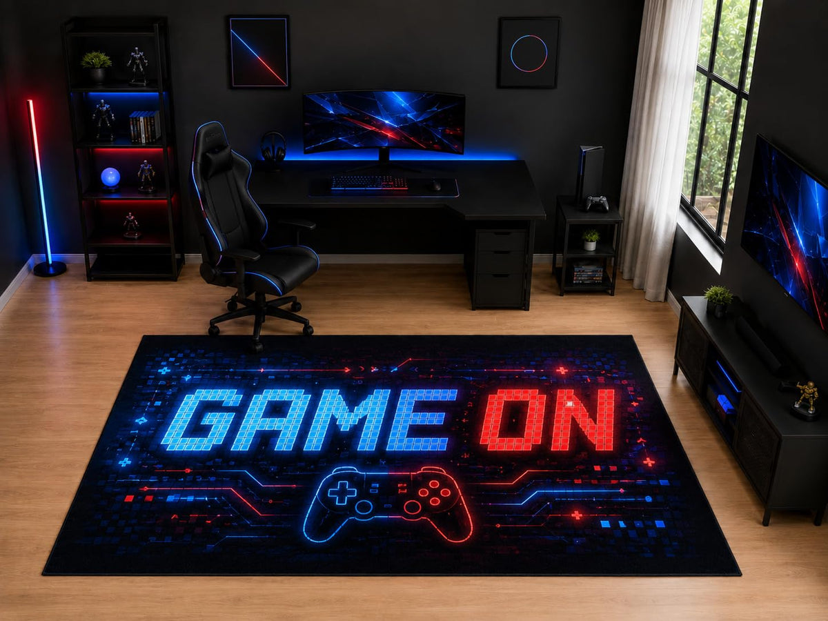 ICE ARMOR "Ultra Light Weight Large 6'7" x 9'10" Game On Controller Rug, Soft Low Pile Indoor Rug, Non-Slip Silicone Backing for Kids Room Black