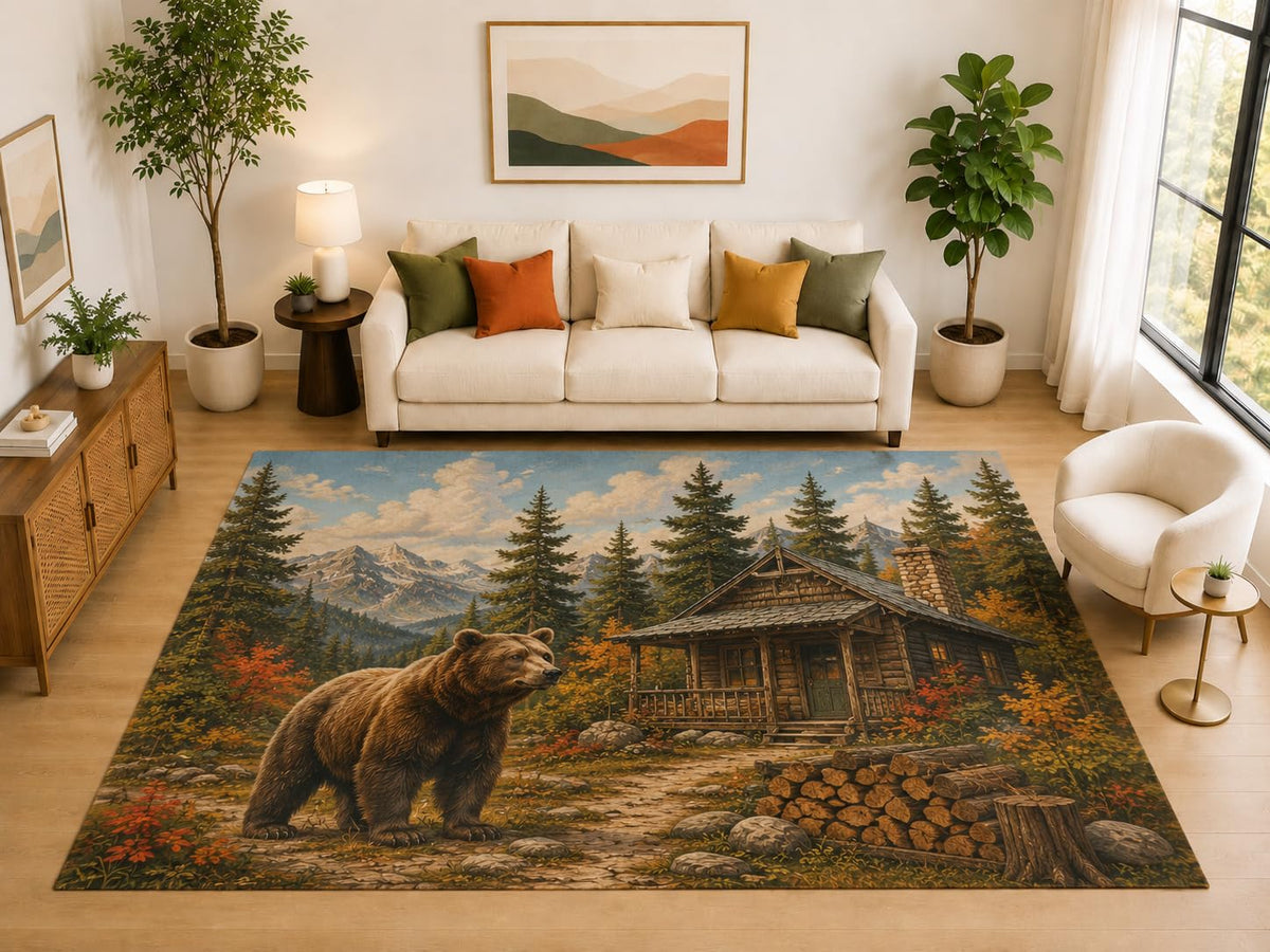 ICE ARMOR "Ultra Light Weight Large 6'7" x 9'10" Bear Cabin Logs Rug for Living Room, Soft Low Pile Indoor Rug and Non-Slip Silicone Backing, Brown