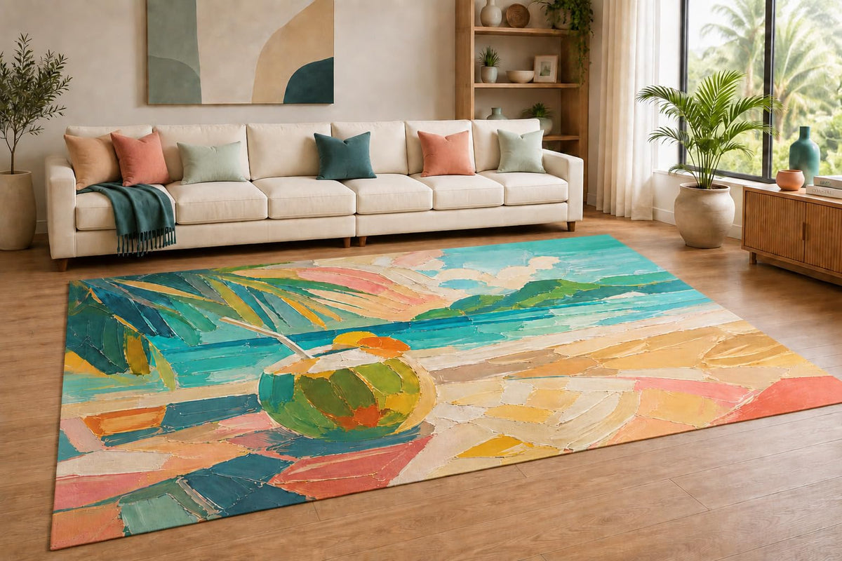 ICE ARMOR "Ultra Lightweight Large 6'7" x 9'10" Tropical Coconut Beach Area Rug for Living Room, Bedroom and Home Office, Soft Low Pile Carpet with Non-Slip Silicone Backing, Teal and Coral