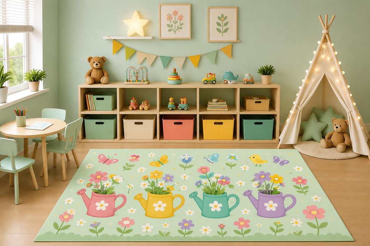 ICE ARMOR 5' x 7' Watering Can Garden Area Rug for Kids Playroom Nursery Bedroom, Flowers Butterflies Birds Spring Floral Cartoon Carpet, Non-Slip Silicone Backing Low Pile