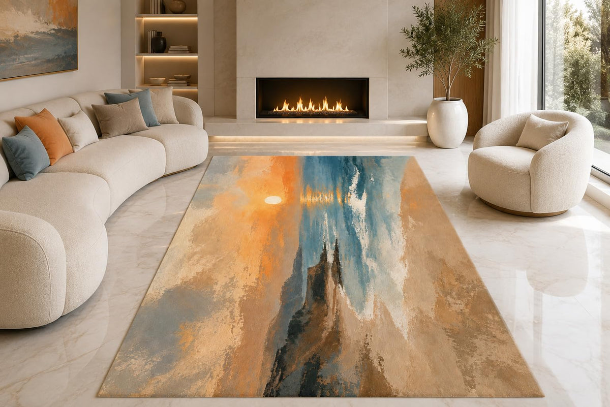 ICE ARMOR "Ultra Lightweight Large 6'7" x 9'10" Misty Mountain Spires Area Rug for Living Room, Bedroom and Home Office, Soft Low Pile Carpet with Non-Slip Silicone Backing, Blue and Beige