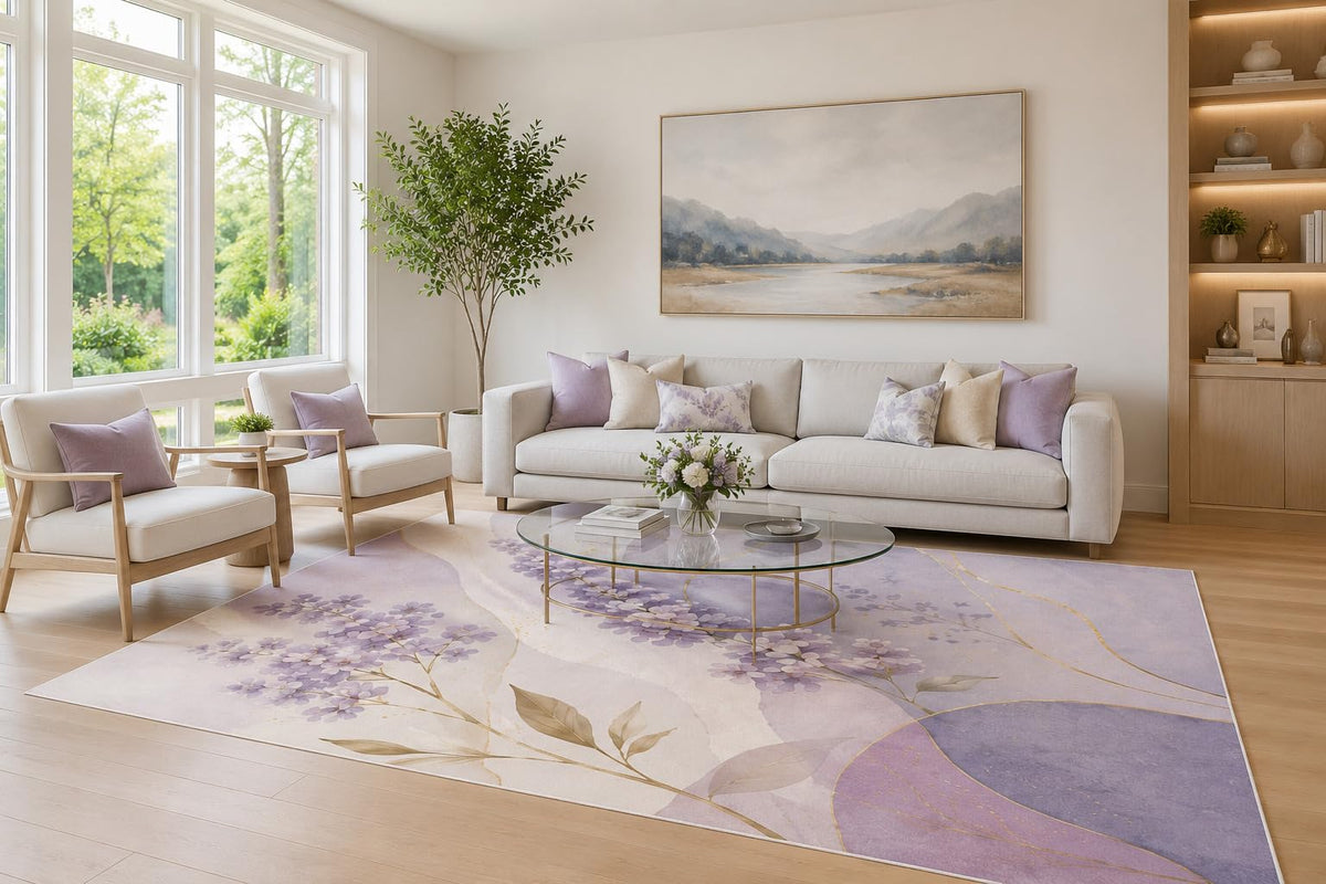 ICE ARMOR Large 6'7" x 9'10" Lavender and Cream Blossom Garden Area Rug for Living Room, Soft Low Pile Carpet with Non-Slip Silicone Backing, Decor for Bedroom and Home Office