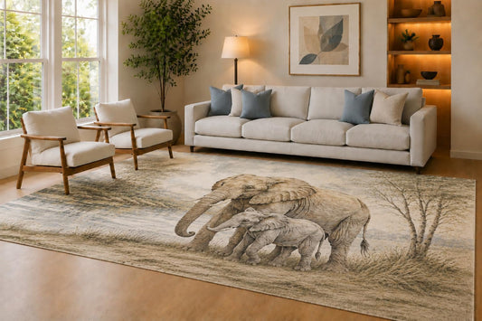 ICE ARMOR Large 6'7" x 9'10" Beige & Gray Elephant Family Area Rug for Living Room, Soft Low Pile Carpet with Non-Slip Silicone Backing, Decor for Bedroom & Home Office