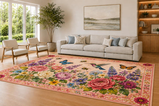 ICE ARMOR Large 6'7" x 9'10" Pink and Multi Color Rose Garden Accent Area Rug for Living Room, Soft Low Pile Carpet with Non-Slip Silicone Backing, Decor for Bedroom and Home Office