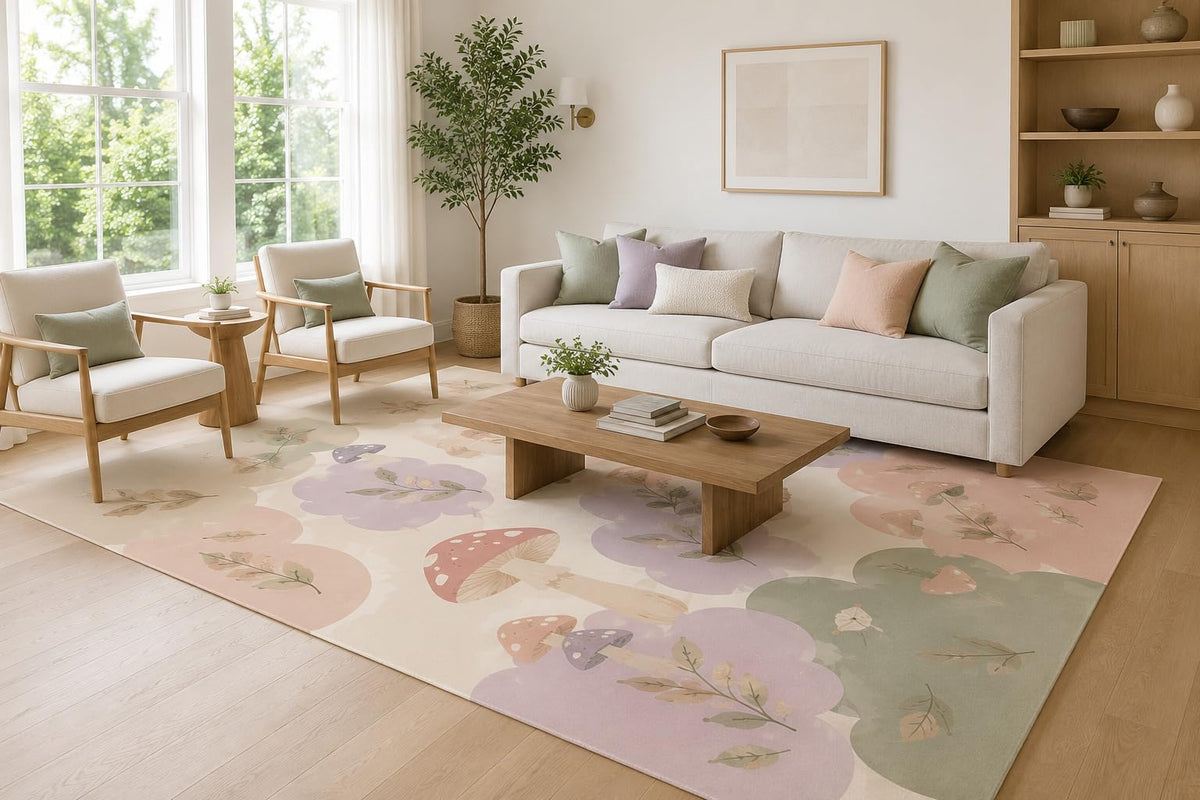 ICE ARMOR Large 6'7" x 9'10" Lavender and Blush Woodland Bloom Area Rug for Living Room, Soft Low Pile Carpet with Non-Slip Silicone Backing, Decor for Bedroom, Dining Area and Home Office