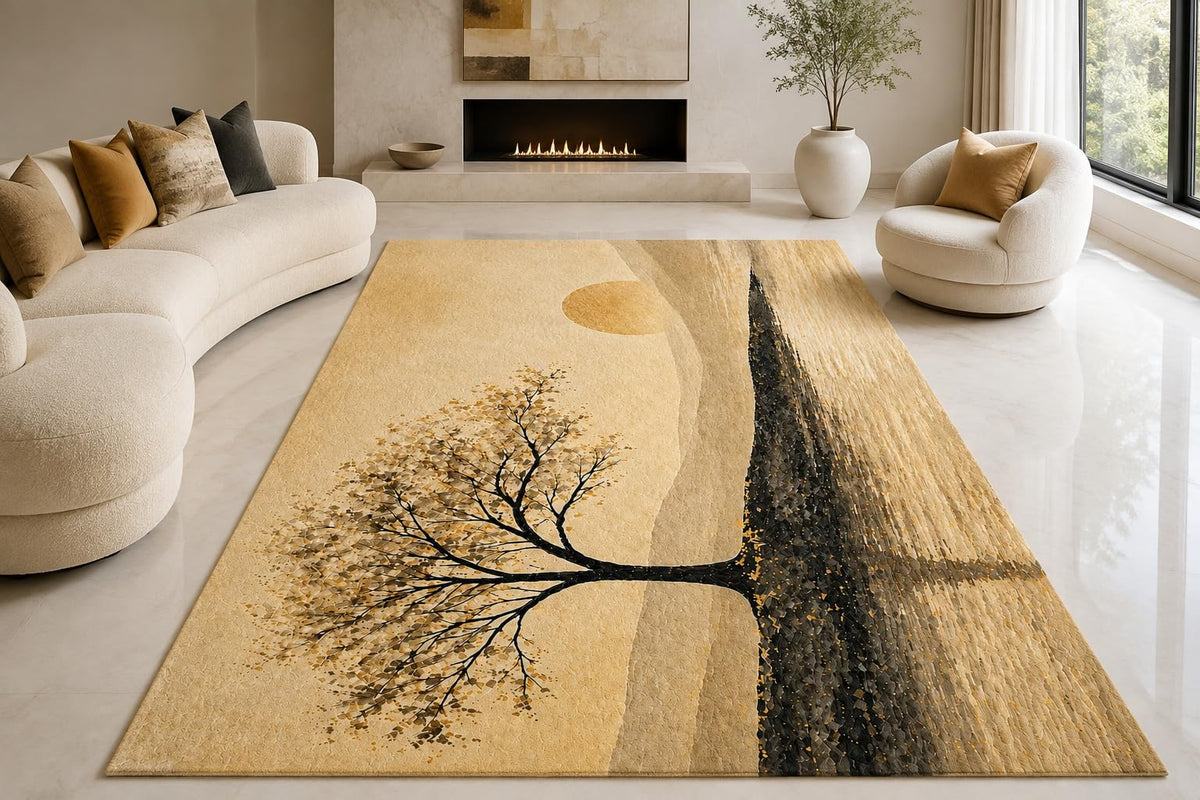 ICE ARMOR "Ultra Lightweight Large 6'7" x 9'10" Abstract Tree Horizon Area Rug for Living Room, Bedroom and Home Office, Soft Low Pile Carpet with Non-Slip Silicone Backing, Beige and Black