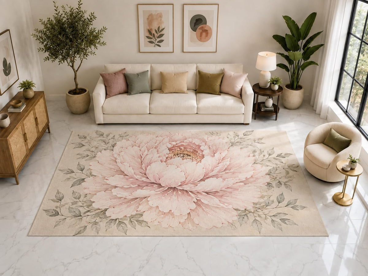 ICE ARMOR "Ultra Light Weight Large 6'7" x 9'10" Peony Botanical Rug, Soft Low Pile Indoor Rug, Non-Slip Silicone Backing for Dining Room Blush Pink