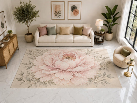 ICE ARMOR "Ultra Light Weight Large 6'7" x 9'10" Peony Botanical Rug, Soft Low Pile Indoor Rug, Non-Slip Silicone Backing for Dining Room Blush Pink