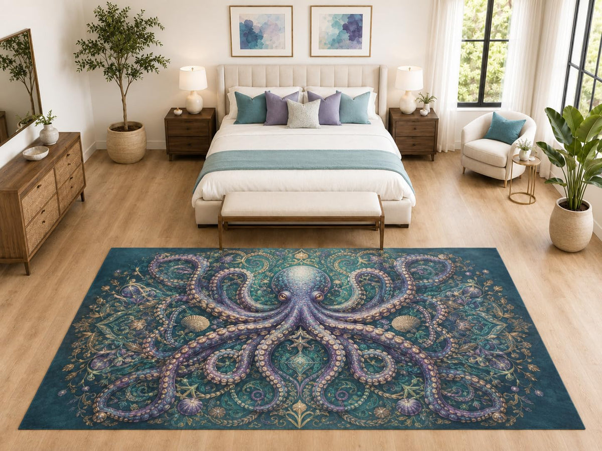 ICE ARMOR "Ultra Light Weight Large 6'7" x 9'10" Ornate Octopus Mandala Rug for Bedroom, Soft Low Pile Indoor Rug and Non-Slip Silicone Backing, Blue