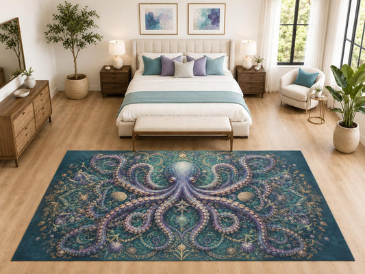 ICE ARMOR "Ultra Light Weight Large 6'7" x 9'10" Ornate Octopus Mandala Rug for Bedroom, Soft Low Pile Indoor Rug and Non-Slip Silicone Backing, Blue
