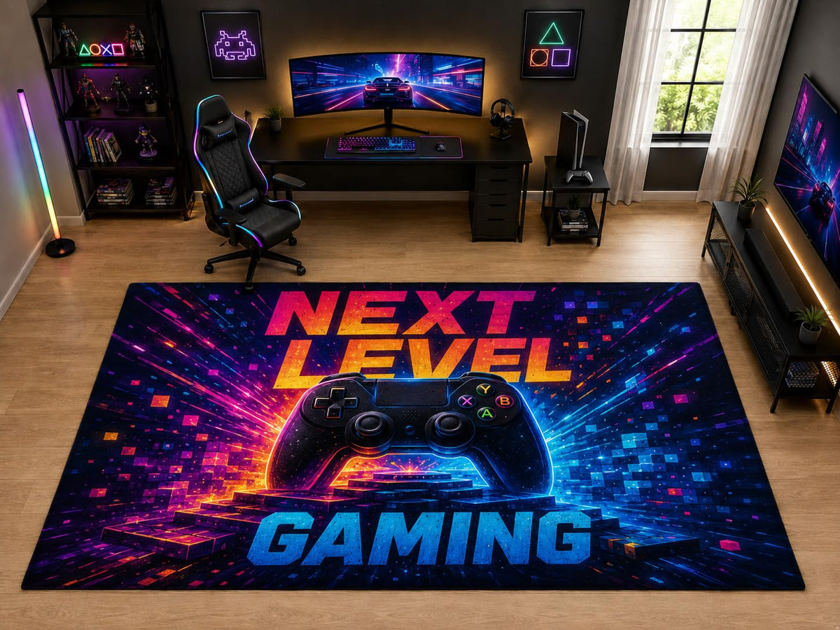 ICE ARMOR "Ultra Light Weight Large 6'7" x 9'10" Next Level Gaming Controller Area Rug for Kids Room, Soft Low Pile Indoor Rug and Non-Slip Silicone Backing, Black