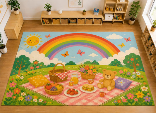ICE ARMOR Large 6'7" x 9'10" Rainbow Picnic Bear Area Rug, Soft Low Pile Indoor Rug with Non-Slip Silicone Backing for Kids Room Playroom, Blue