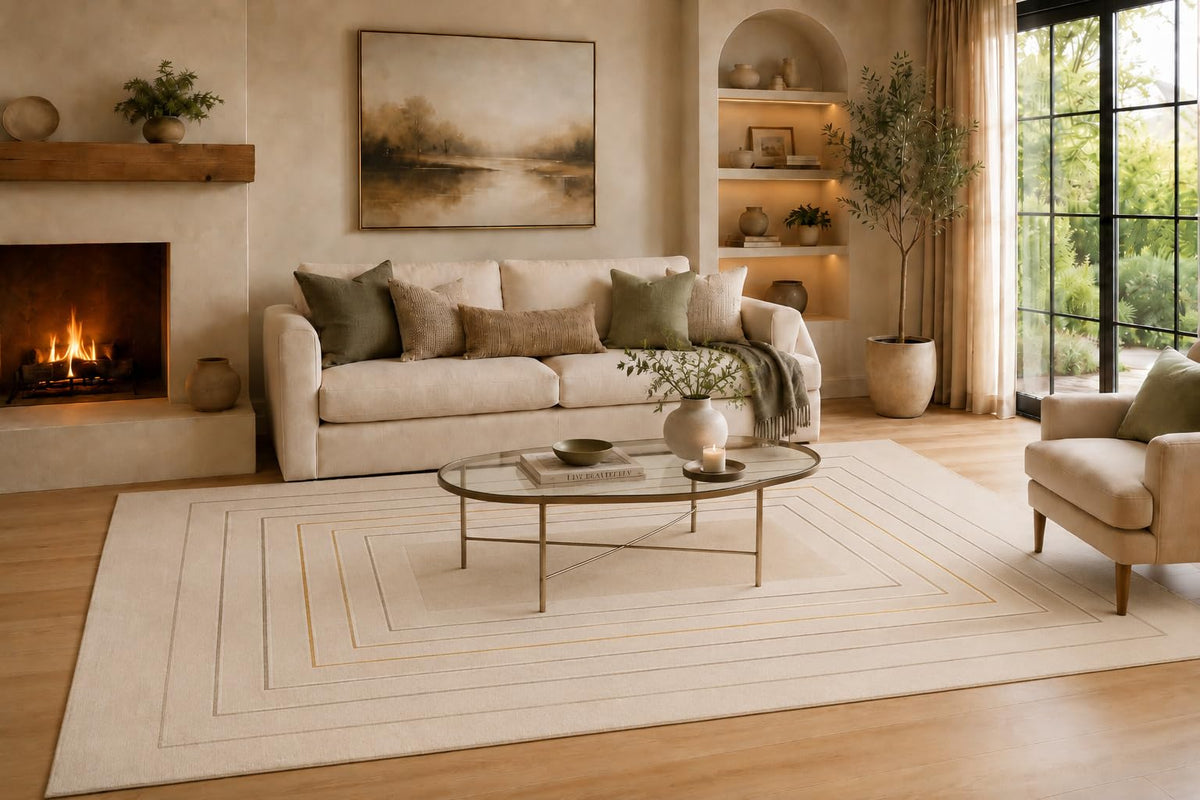 ICE ARMOR Large 6'7" x 9'10" Ivory and Beige Nested Frame Geometry Area Rug for Living Room, Soft Low Pile Carpet with Non-Slip Backing for Bedroom, Dining Room and Office