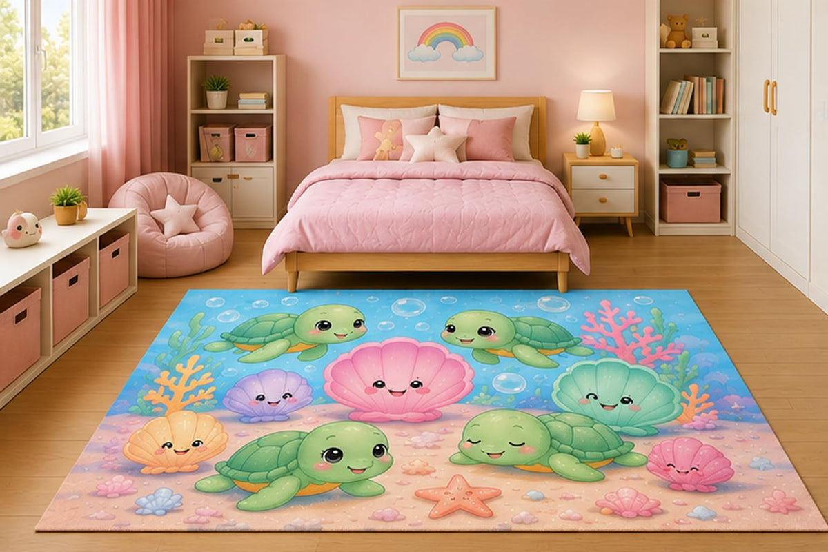 ICE ARMOR 5' x 7' Cute Sea Turtle and Smiling Seashell Area Rug for Kids Bedroom Nursery Playroom Scandinavian Minimalist Ocean Underwater Coastal Decor Non-Slip Silicone Backing Low Pile