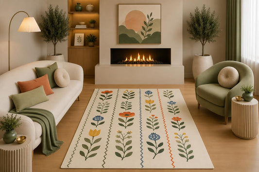 ICE ARMOR 5' x 7' Scandinavian Folk Floral Area Rug Colorful Wildflower Stripe Pattern Cream for Living Room Bedroom Dining Room Nursery Non-Slip Silicone Backing Low Pile