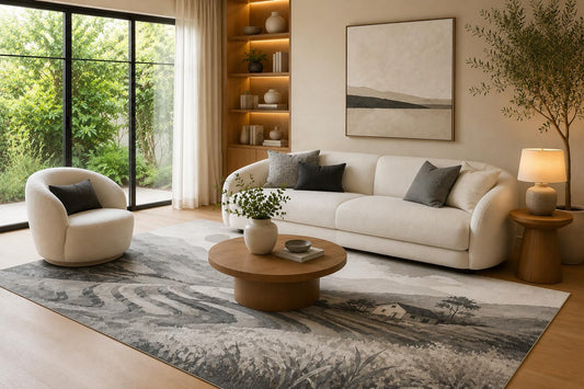ICE ARMOR 6'7" x 9'10" Gray, Cream and Charcoal Vintage Country Fields Area Rug for Living Room, Soft Low Pile Carpet with Non-Slip Backing, Floor Decor for Bedroom, Dining Room and Home Office