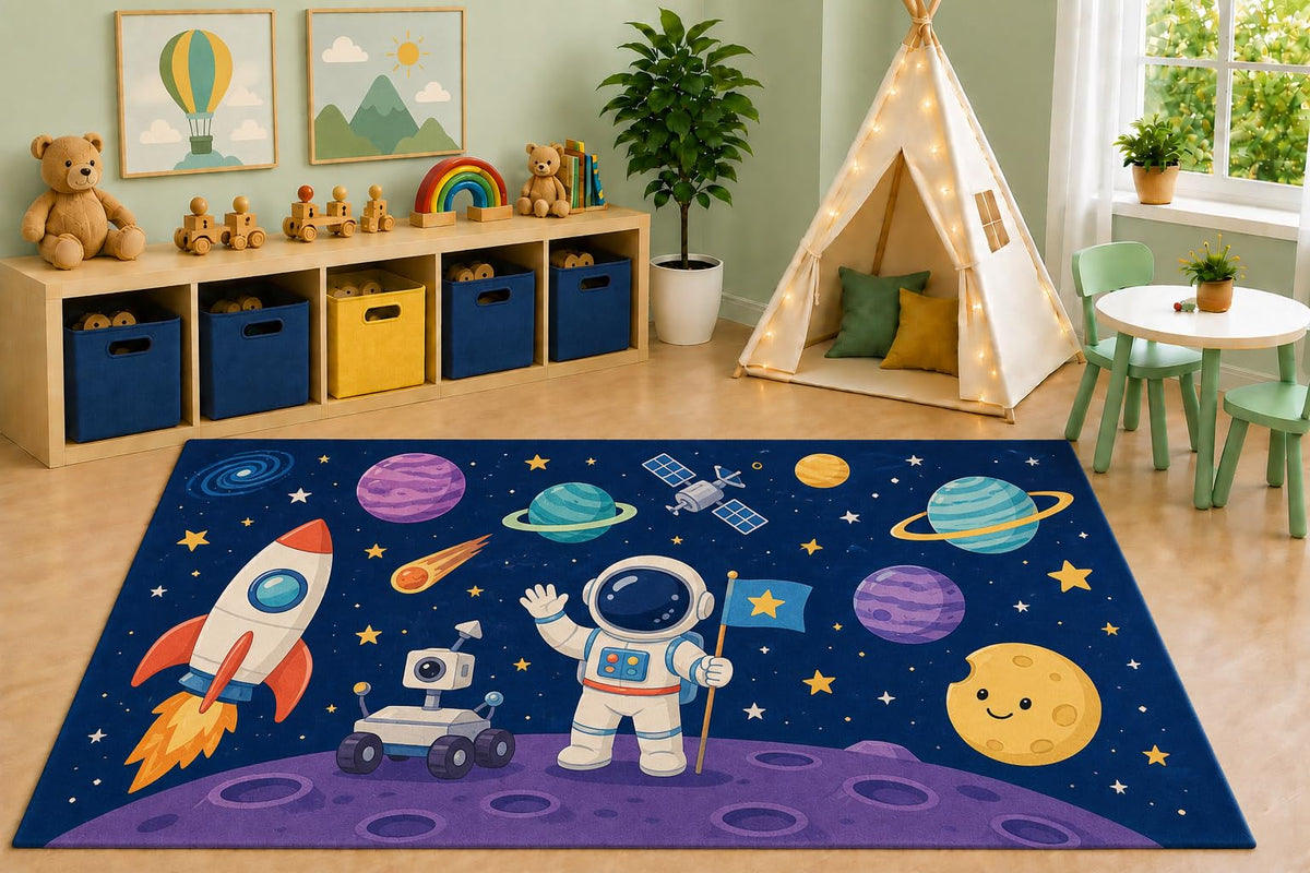 ICE ARMOR 5' x 7' Space Astronaut Rocket Area Rug, Solar System Galaxy Planets STEM Kids Playroom Bedroom Rug, Non-Slip Silicone Backing Low Pile
