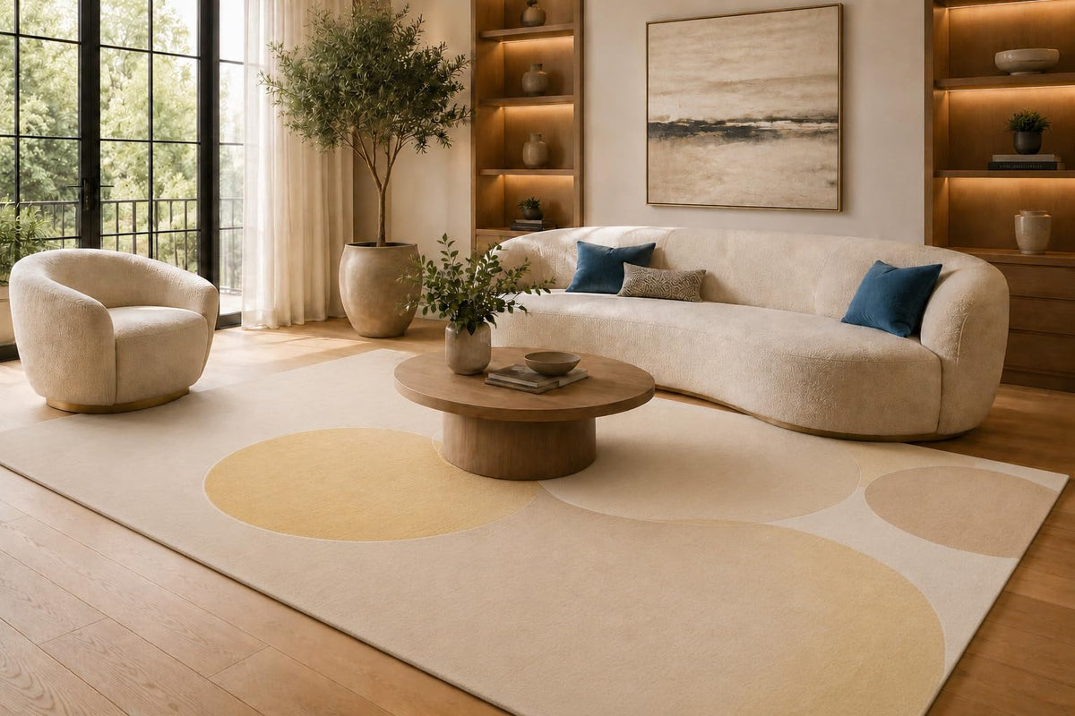 ICE ARMOR Large 6'7" x 9'10" Beige, Cream and Yellow Circles Area Rug for Living Room, Soft Low Pile Carpet with Non-Slip Silicone Backing, Floor Decor for Bedroom, Dining Area and Home Office