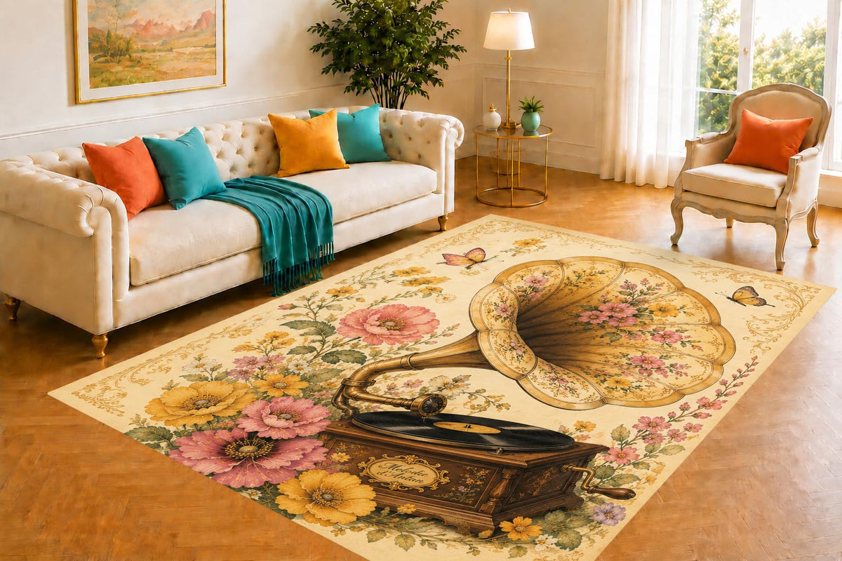 ICE ARMOR 5' x 7' Gramophone Floral Illustration Area Rug for Living Room, Soft Low Pile Carpet with Non-Slip Silicone Backing for Bedroom, Dining Room, Office, Kids and Pets