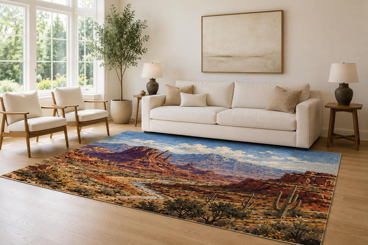 ICE ARMOR Large 6'7" x 9'10" Rust and Blue Desert Valley Area Rug for Living Room, Soft Low Pile Carpet with Non-Slip Silicone Backing, Decor for Bedroom and Home Office
