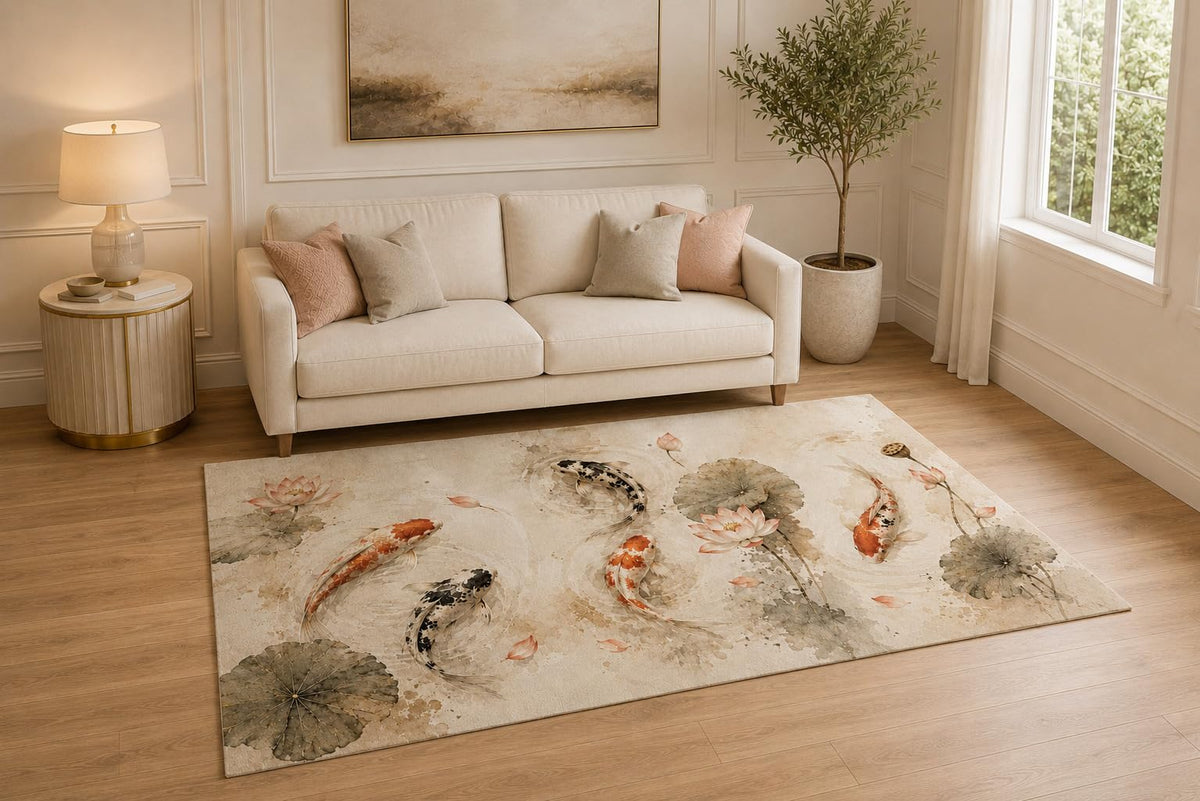 ICE ARMOR "Ultra Light Weight 5' x 7' Watercolor Koi Pond Area Rug for Living Room, Bedroom and Home Office, Soft Low Pile Carpet with Non-Slip Silicone Backing, Cream and Orange
