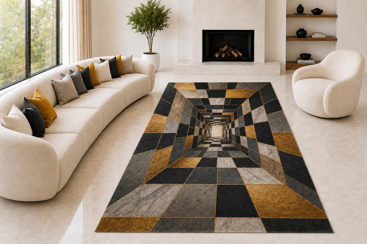 ICE ARMOR "Ultra Lightweight Large 6'7" x 9'10" Geometric Tunnel Area Rug for Living Room, Bedroom and Home Office, Soft Low Pile Carpet with Non-Slip Silicone Backing, Black and Tan