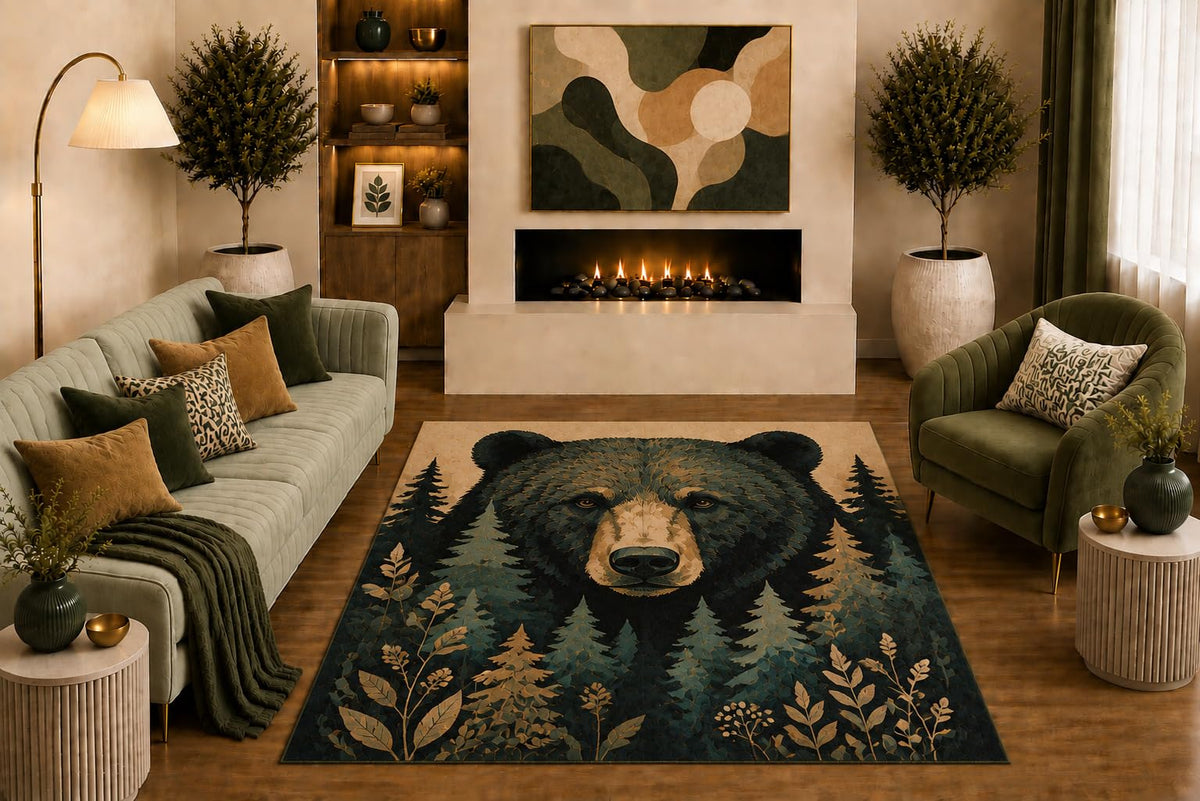 ICE ARMOR "Ultra Light Weight 5' x 7' Black Bear Forest Area Rug Rustic Woodland Wildlife Art in Green Beige for Living Room Bedroom Cabin Lodge Decor Non-Slip Silicone Backing Low Pile