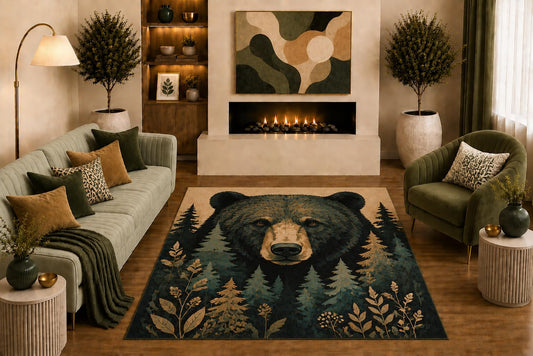 ICE ARMOR "Ultra Light Weight 5' x 7' Black Bear Forest Area Rug Rustic Woodland Wildlife Art in Green Beige for Living Room Bedroom Cabin Lodge Decor Non-Slip Silicone Backing Low Pile